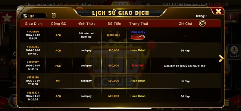 Hình ảnh giao dịch Hit Club gamebaionline247