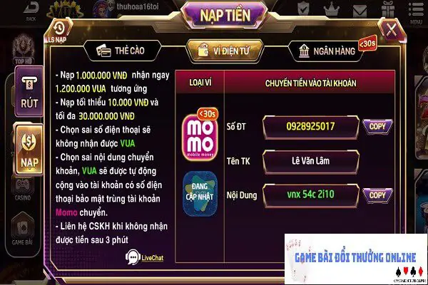 Nạp tiền khuyến mãi Vua Club gamebaidoithuongonlinelive