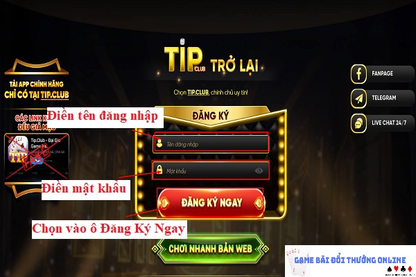 Đăng ký Tip Club trên PC gamebaionline247.com