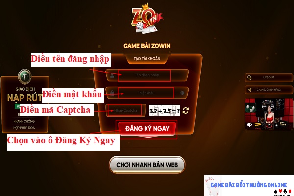 Đăng ký Zowin trên PC gamebaionline247.com