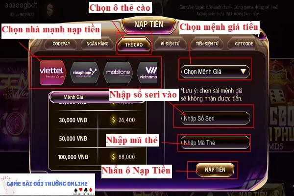 Nạp tiền Gemwin PC gamebaidoithuongonlinelive
