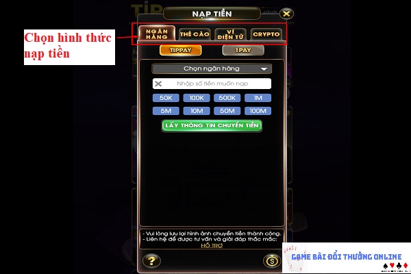 Nạp tiền Tip Club trên PC gamebaionline247.com1
