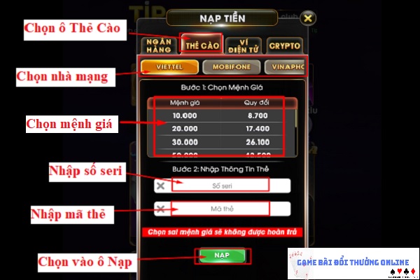Nạp tiền Tip Club trên PC gamebaionline247.com3