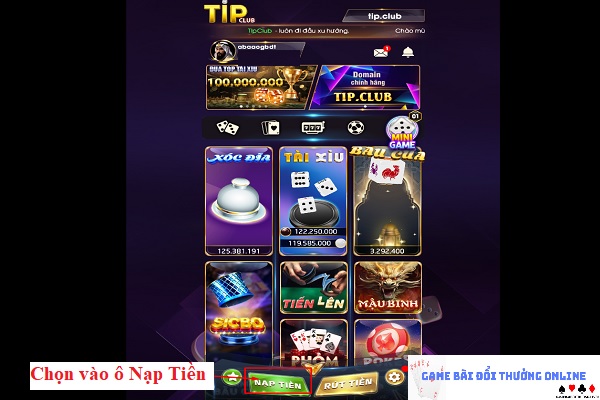 Nạp tiền Tip Club trên PC gamebaionline247.com