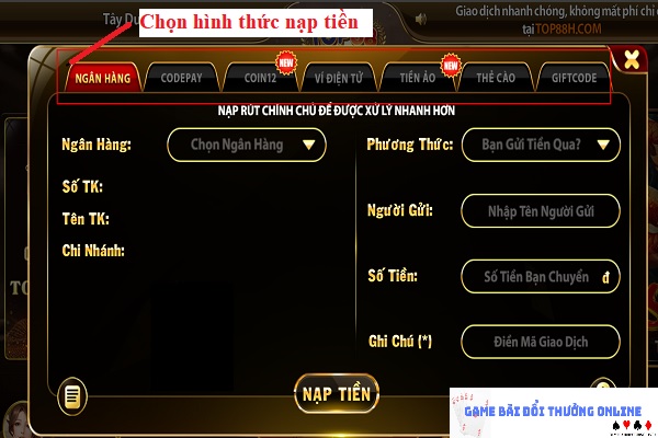 Nạp tiền Top88 trên PC gamebaionline247.com1