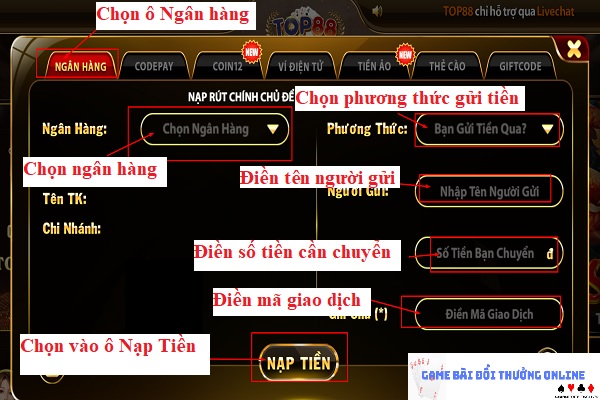 Nạp tiền Top88 trên PC gamebaionline247.com