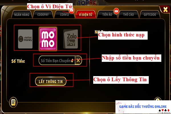 Nạp tiền Top88 trên PC gamebaionline247.com5