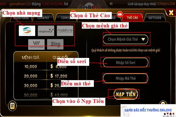 Nạp tiền Top88 trên PC gamebaionline247.com7