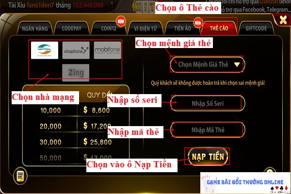 Nạp tiền Hit Club trên PC gamebaionline247.com7