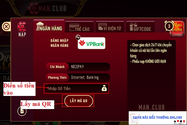 Nạp tiền ManClub trên PC gamebaionline247.com3