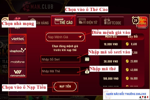 Nạp tiền ManClub trên PC gamebaionline247.com4