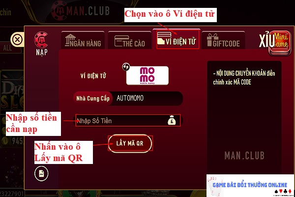 Nạp tiền ManClub trên PC gamebaionline247.com5