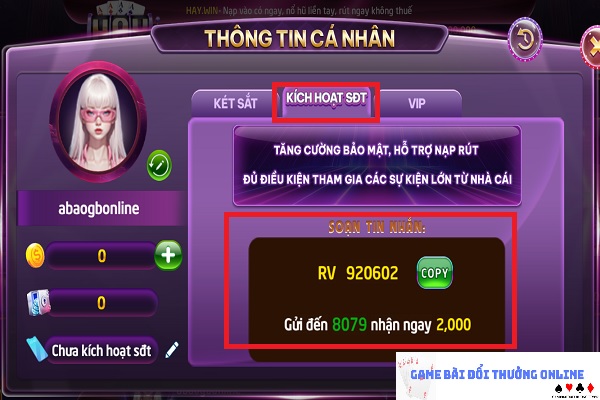 Kích hoạt SĐT HayWin gamebaionline247.com1